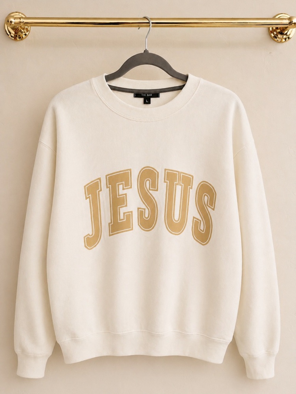 The Bar Cream Oversized Crewneck Sweatshirt with Gold 'JESUS' Graphic size Large